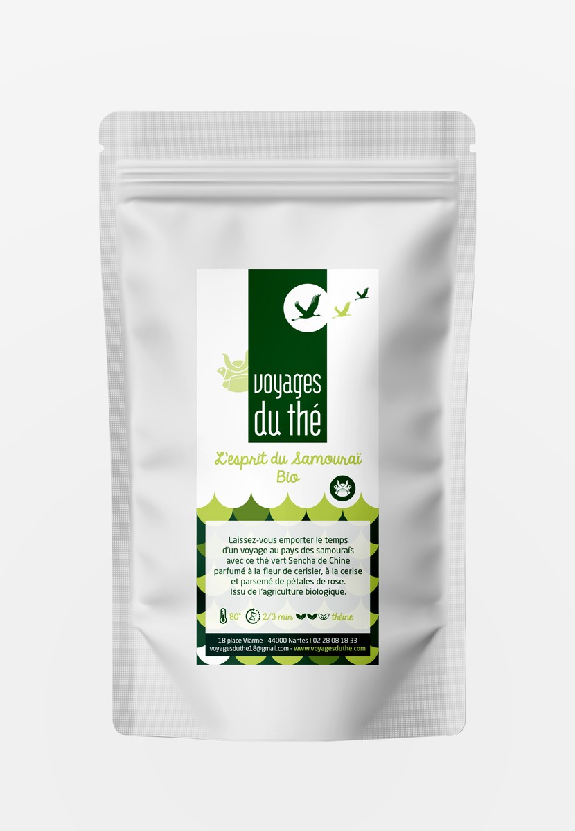 Image de sachets de thé vert en vrac "L'Esprit du Samouraï Bio", une infusion biologique aux notes fraîches et subtiles, inspirée de la tradition japonaise.